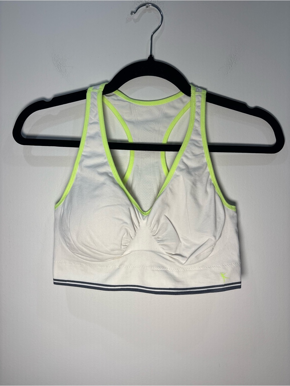 Danskin Racerback Sports Bra XL White Neon Green Trim Soft Moisture Wick Stretch